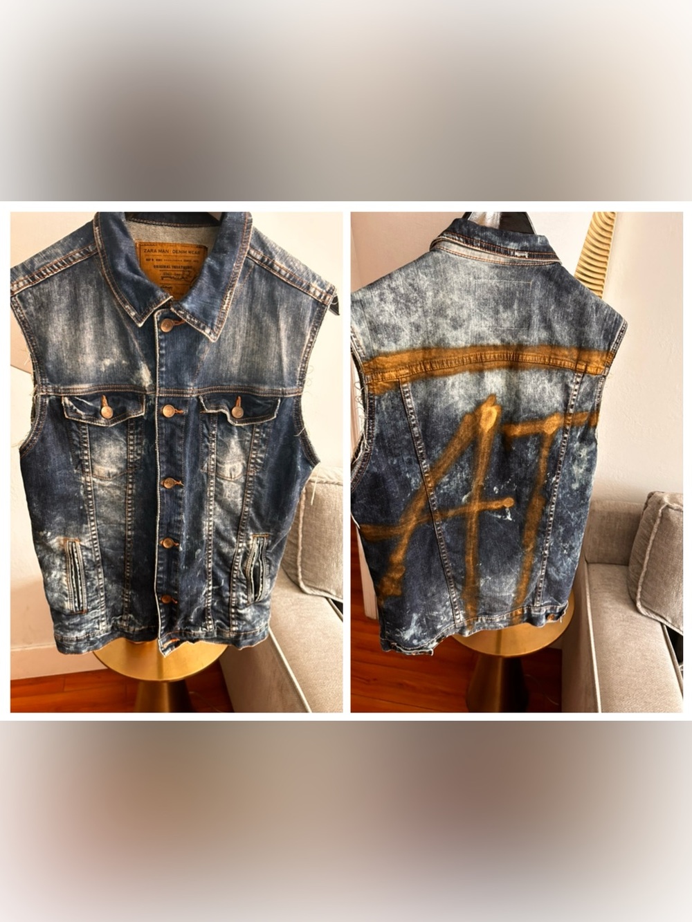 Vtg ZARA Mens Denim Vest Stone Wash  Sz M Streetwear Grunge Rave Paint Moto